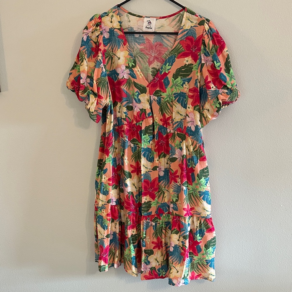 Tropical Floral Puff Sleeve Mini Dress